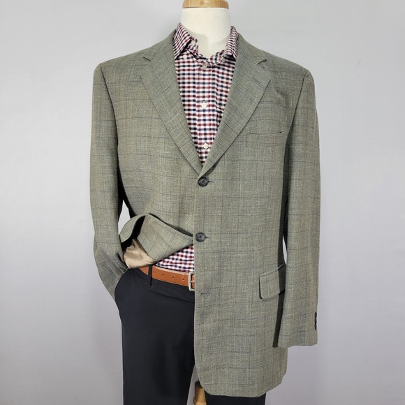 JOS A BANK Men's Sport Coat Blazer Three Button Green Plaid Wool‎ Silk Linen 43L